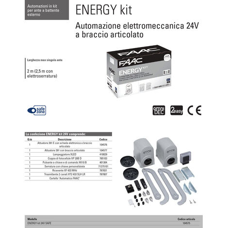 FAAC ENERGY KIT 104575 24v 391 Automazione Cancello Battenti a Bracci Articolati