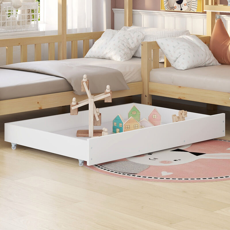 Letto per bambini Letto per bambini con cassetti e ripiani, in legno  massiccio con recinzione e rete a doghe, struttura a L, naturale (90x200  cm+140x70cm)