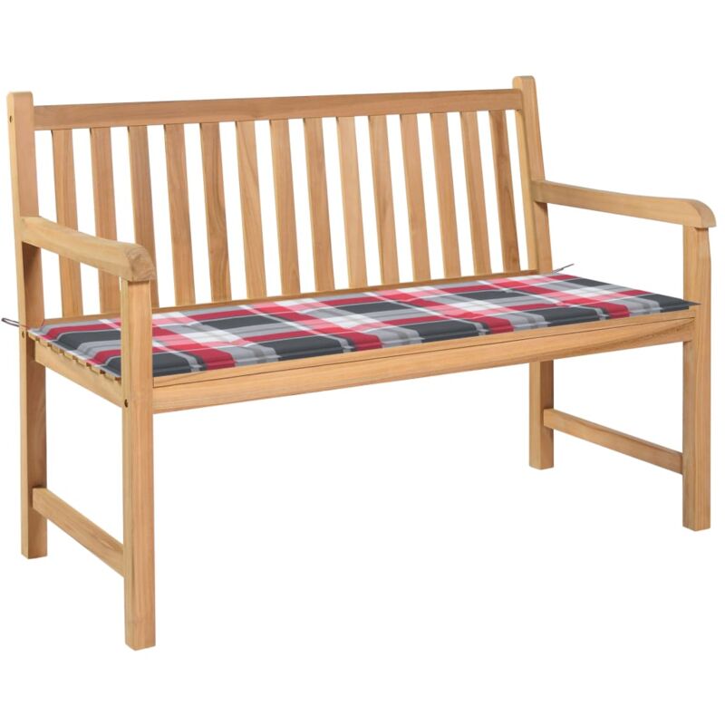 Hommoo Panca da Giardino con Cuscino Rosso a Quadri 120 cm Legno Teak