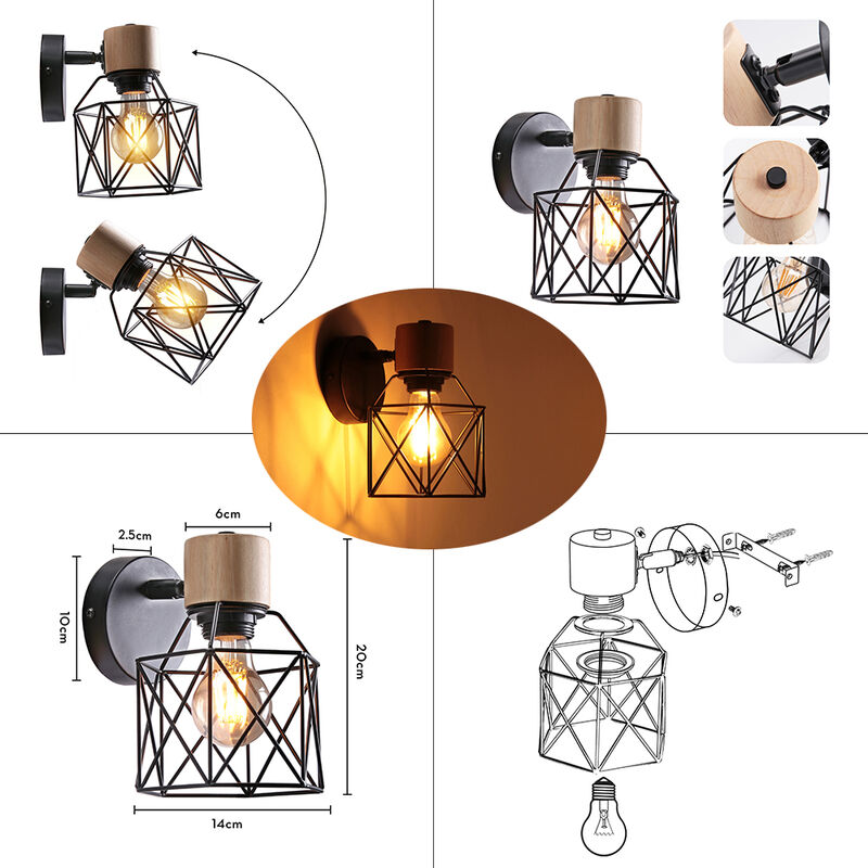 LEDSone 2 Pack Wall Lights Indoor Chrome Metal E27 Modern Wall Sconce Lighting Easy To Install Industrial Lamp For Living Room, Bedroom, Kitchen, Hall, Bar, Restaurants, Coffee Shop