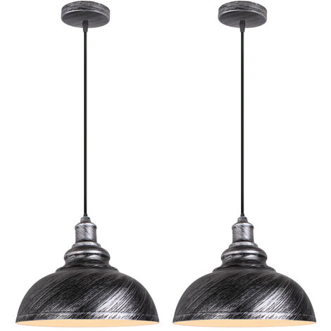 2pcs Vintage Pendant Light, Hanging Ceiling Lamp with Dome Metal Lampshade, Retro Industrial Chandelier for Kitchen Island (Silver, Ø29cm) (1/5)