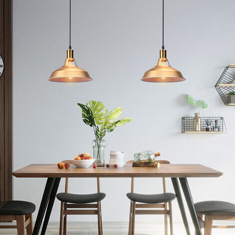 3X Vintage Pendant Light, Hanging Light with Dome Metal Lampshade, Retro Industrial Chandelier for Kitchen Island (Gold and White, Ø27cm)