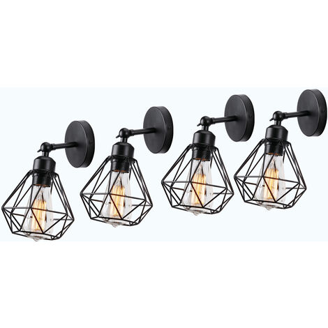 Indoor Wall Light 180 Degree Rotation E27 Wall Lamp Metal Cage for Bedroom Living Room Black 4 Pack