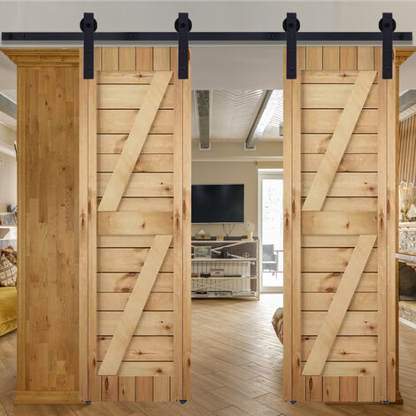 Sliding Door Track, Stainless Steel Sliding Wood Door Hardware Closet Kit for DOUBLE Door Heavy Duty (Black) 305cm