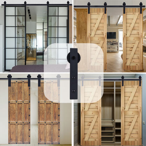 Sliding Door Track, Stainless Steel Sliding Wood Door Hardware Closet Kit for DOUBLE Door Heavy Duty (Black) 305cm