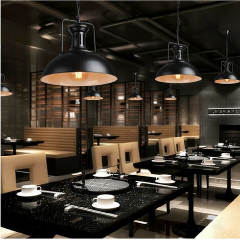 Vintage Pendant Light Black, Industrial Hanging Ceiling Lamp with Lampshade, Ø33cm Metal Dome Chandelier for Bedroom Living Room Kitchen Island