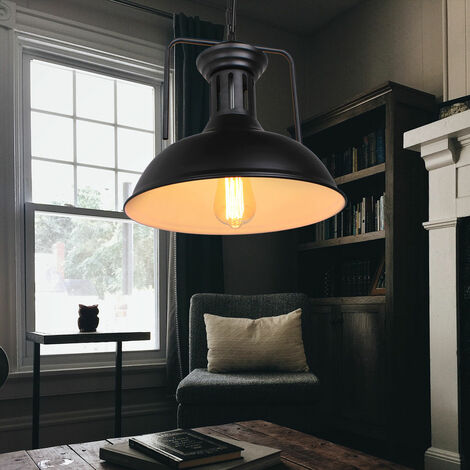 Vintage Pendant Light Black, Industrial Hanging Ceiling Lamp with Lampshade, Ø33cm Metal Dome Chandelier for Bedroom Living Room Kitchen Island
