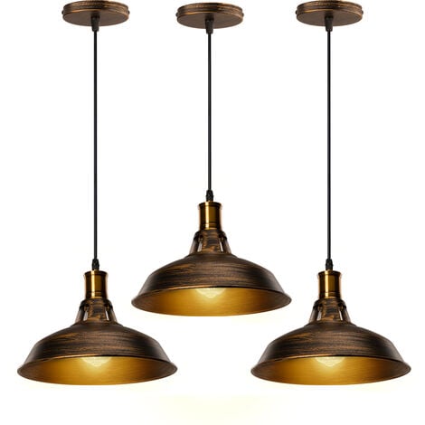 3X Vintage Pendant Light, Hanging Light with Dome Metal Lampshade, Retro Industrial Chandelier for Kitchen Island (Brass, Ø27cm)