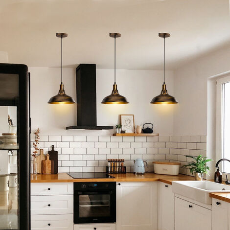 3X Vintage Pendant Light, Hanging Light with Dome Metal Lampshade, Retro Industrial Chandelier for Kitchen Island (Brass, Ø27cm)