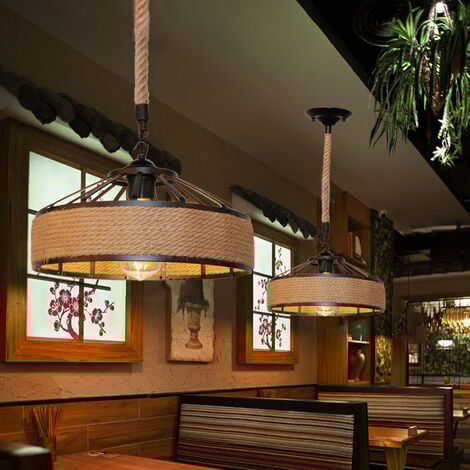 Industrial Pendant Light Vintage Hemp Rope Hanging Ceiling Lamp Metal Dome Lampshade Chandelier Fixture for Restaurant Loft, Ø30cm