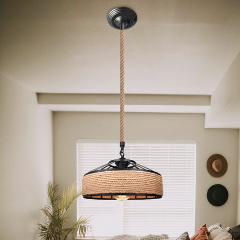 Industrial Pendant Light Vintage Hemp Rope Hanging Ceiling Lamp Metal Dome Lampshade Chandelier Fixture for Restaurant Loft, Ø30cm