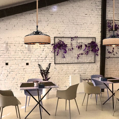 Industrial Pendant Light Vintage Hemp Rope Hanging Ceiling Lamp Metal Dome Lampshade Chandelier Fixture for Restaurant Loft, Ø30cm