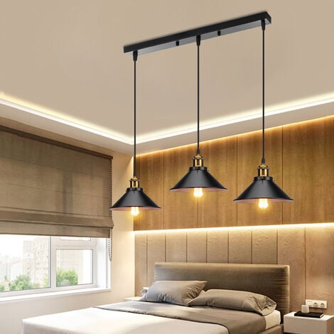 Pendant Lighting Fitting, Vintage Industial Metal Hanging Ceiling Lamp, 3-light Chandelier Fixture with Ø22cm Lampshade for Kitchen Island Living Room (Black & White)