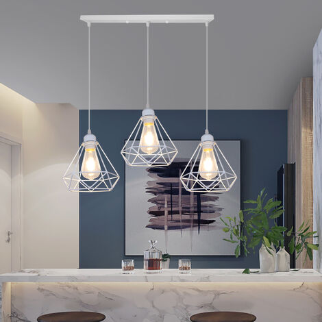 Vintage Pendant Light Fixture, 3 Lights Industrial Hanging Ceiling Lamp with Metal Ø20cm Diamond Cage Lampshade, E27 Holder Chandelier (White)