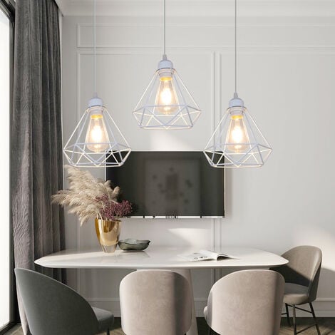 Vintage Pendant Light Fixture, 3 Lights Industrial Hanging Ceiling Lamp with Metal Ø20cm Diamond Cage Lampshade, E27 Holder Chandelier (White)