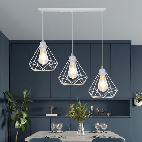 Vintage Pendant Light Fixture, 3 Lights Industrial Hanging Ceiling Lamp with Metal Ø20cm Diamond Cage Lampshade, E27 Holder Chandelier (White)