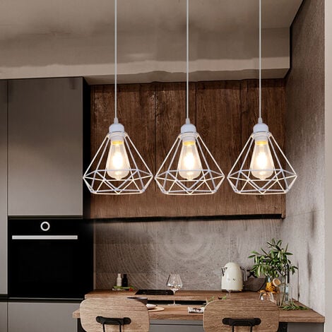 Vintage Pendant Light Fixture, 3 Lights Industrial Hanging Ceiling Lamp with Metal Ø20cm Diamond Cage Lampshade, E27 Holder Chandelier (White)
