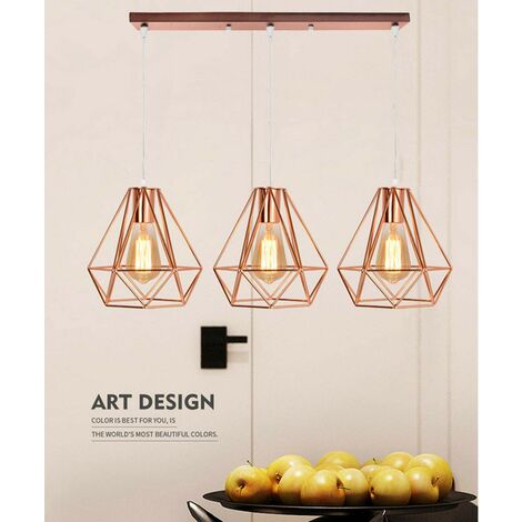 Industrial Pendant Light Retro Rose Gold Metal Ceiling Light Ø20cm Diamond Hanging Light Vintage 3 Lights Chandelier for Kitchen Island