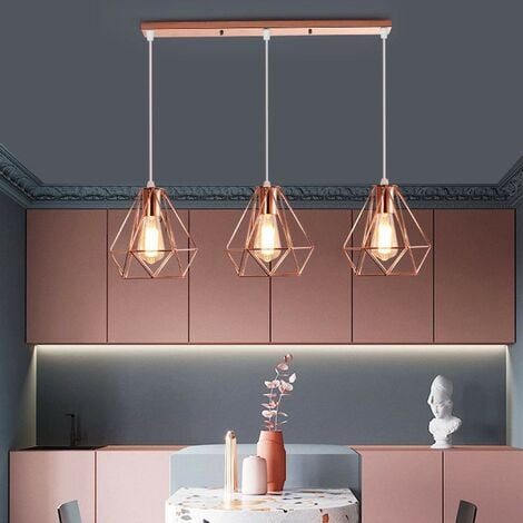 Industrial Pendant Light Retro Rose Gold Metal Ceiling Light Ø20cm Diamond Hanging Light Vintage 3 Lights Chandelier for Kitchen Island