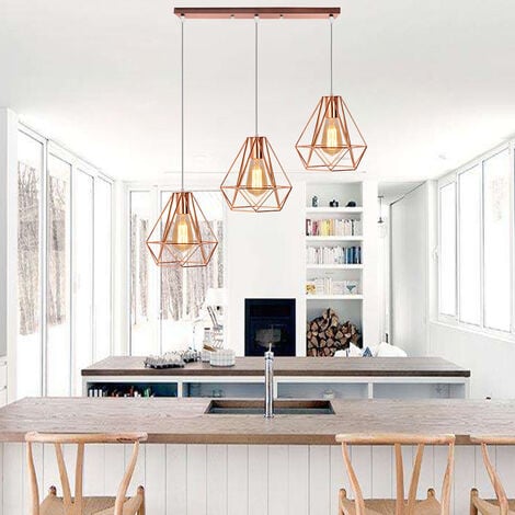 Industrial Pendant Light Retro Rose Gold Metal Ceiling Light Ø20cm Diamond Hanging Light Vintage 3 Lights Chandelier for Kitchen Island