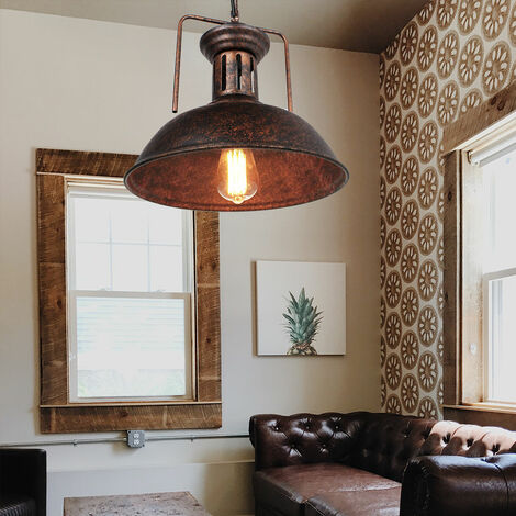 Vintage Pendant Light Rust, Industrial Hanging Ceiling Lamp with Lampshade, Ø33cm Metal Dome Chandelier for Bedroom Living Room Kitchen Island