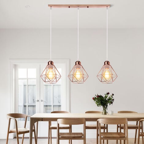 3 Lights Industrial Vintage Pendant Light Diamond Lampshade Cage Made of Iron Ceiling Lamp for Living Room Kitchen Restaurant Rose Gold