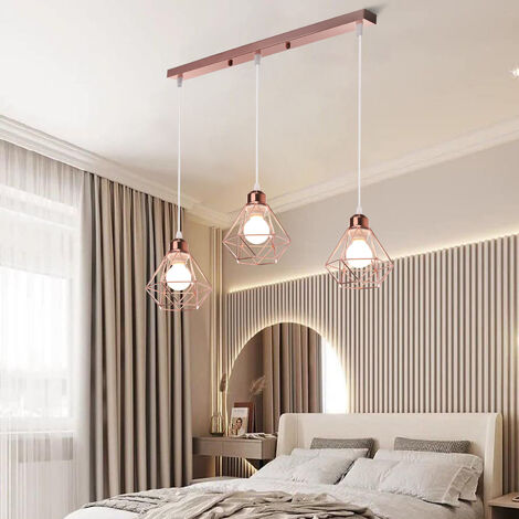3 Lights Industrial Vintage Pendant Light Diamond Lampshade Cage Made of Iron Ceiling Lamp for Living Room Kitchen Restaurant Rose Gold