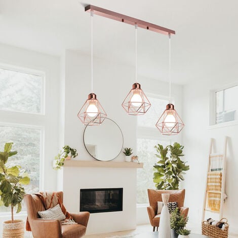 3 Lights Industrial Vintage Pendant Light Diamond Lampshade Cage Made of Iron Ceiling Lamp for Living Room Kitchen Restaurant Rose Gold