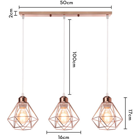 3 Lights Industrial Vintage Pendant Light Diamond Lampshade Cage Made of Iron Ceiling Lamp for Living Room Kitchen Restaurant Rose Gold