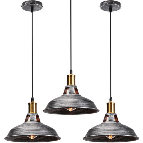 3X Vintage Pendant Light, Hanging Light with Dome Metal Lampshade, Retro Industrial Chandelier for Kitchen Island (Grey, Ø27cm)