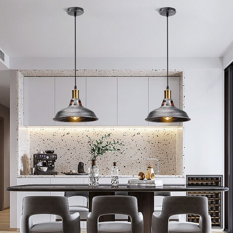 3X Vintage Pendant Light, Hanging Light with Dome Metal Lampshade, Retro Industrial Chandelier for Kitchen Island (Grey, Ø27cm)