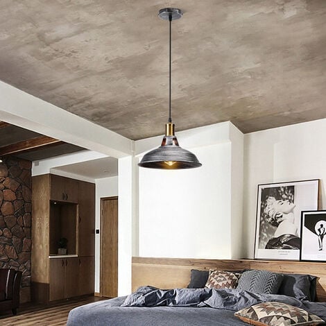 3X Vintage Pendant Light, Hanging Light with Dome Metal Lampshade, Retro Industrial Chandelier for Kitchen Island (Grey, Ø27cm)