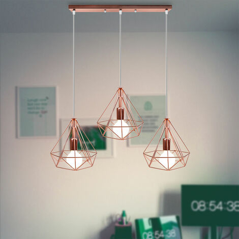 Vintage Pendant Light, 3 Lights Industrial Metal Hanging Ceiling Lamp, Retro Chandelier with Ø25cm Diamond Cage Lampshade for Kitchen Island Restaurant (Rose Gold)