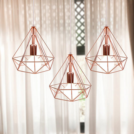 Vintage Pendant Light, 3 Lights Industrial Metal Hanging Ceiling Lamp, Retro Chandelier with Ø25cm Diamond Cage Lampshade for Kitchen Island Restaurant (Rose Gold)