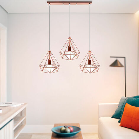 Vintage Pendant Light, 3 Lights Industrial Metal Hanging Ceiling Lamp, Retro Chandelier with Ø25cm Diamond Cage Lampshade for Kitchen Island Restaurant (Rose Gold)