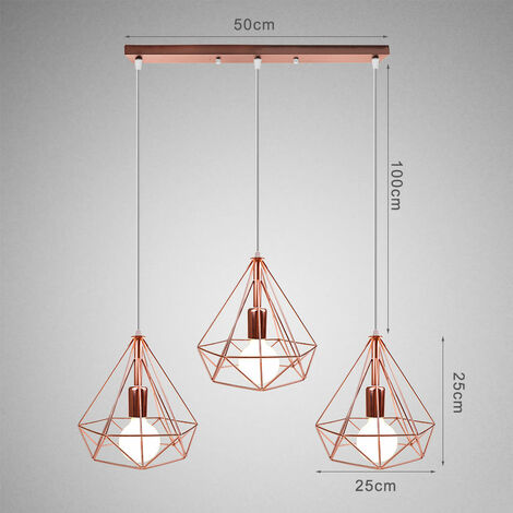 Vintage Pendant Light, 3 Lights Industrial Metal Hanging Ceiling Lamp, Retro Chandelier with Ø25cm Diamond Cage Lampshade for Kitchen Island Restaurant (Rose Gold)