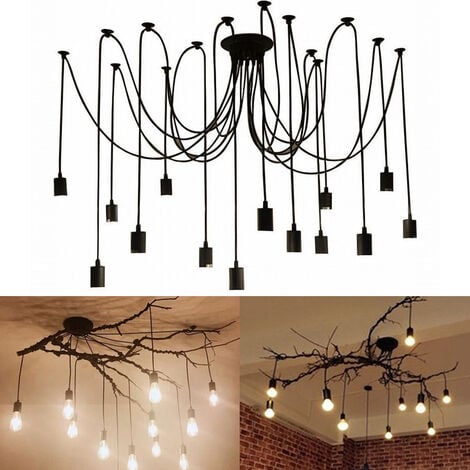 Vintage Pendant Lights Antique Edison Chandelier Retro Industrial 14 Lights Ceiling Spider Lamp E27 for Living Room Kitchen Island (Black/200cm)