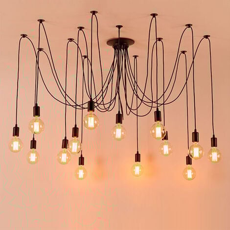 Vintage Pendant Lights Antique Edison Chandelier Retro Industrial 14 Lights Ceiling Spider Lamp E27 for Living Room Kitchen Island (Black/200cm)