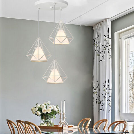 Vintage Pendant Light Ø25cm Diamond Shape, 3 Lights Spiral Ceiling Lamp, Chandelier with Metal Cage Lampshade for Kitchen Island Living Room (White)