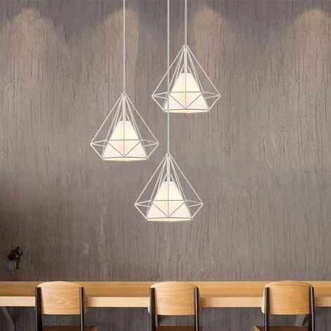 Vintage Pendant Light Ø25cm Diamond Shape, 3 Lights Spiral Ceiling Lamp, Chandelier with Metal Cage Lampshade for Kitchen Island Living Room (White)