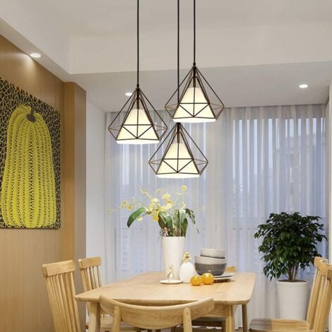 Vintage Pendant Light Diamond Shape, 3 Lights Spiral Ceiling Lamp with Metal Cage, Chandelier with Lampshade for Kitchen Island Living Room (Black)