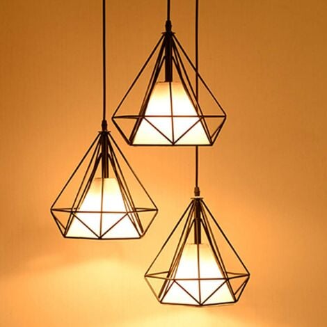 Vintage Pendant Light Diamond Shape, 3 Lights Spiral Ceiling Lamp with Metal Cage, Chandelier with Lampshade for Kitchen Island Living Room (Black)