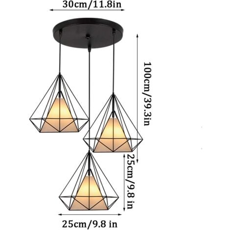 Vintage Pendant Light Diamond Shape, 3 Lights Spiral Ceiling Lamp with Metal Cage, Chandelier with Lampshade for Kitchen Island Living Room (Black)