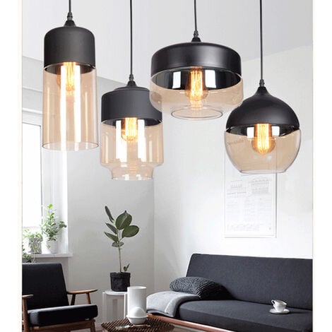 Glass Pendant Light Set of 4, Vintage Industrial Hanging Ceiling Lamp Metal Finish Chandelier with Glass Dome Lampshade for Kitchen Island Dining Room (Black + Transparent Brown)