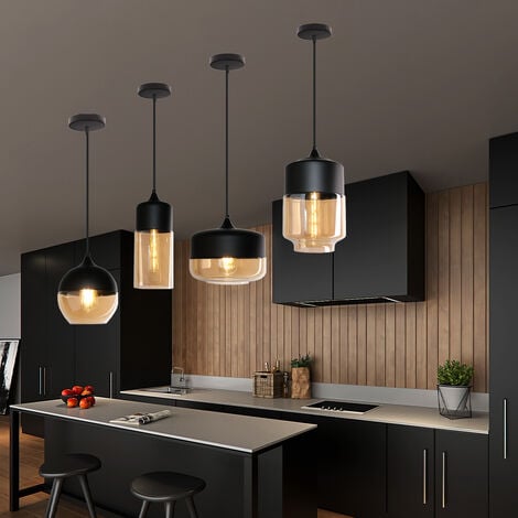 Glass Pendant Light Set of 4, Vintage Industrial Hanging Ceiling Lamp Metal Finish Chandelier with Glass Dome Lampshade for Kitchen Island Dining Room (Black + Transparent Brown)