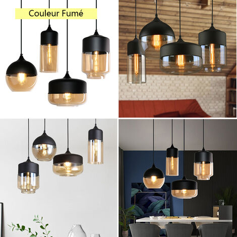 Glass Pendant Light Set of 4, Vintage Industrial Hanging Ceiling Lamp Metal Finish Chandelier with Glass Dome Lampshade for Kitchen Island Dining Room (Black + Transparent Brown)