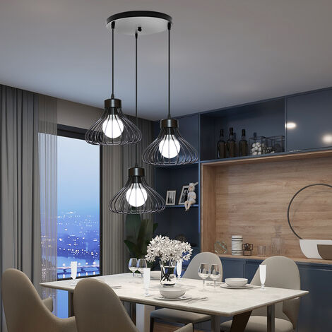 3 Lights 2320cm Pendant Light Industial Metal Chanderlier Minimalist in Gourd Shape Cage Hanging Ceiling Lamp for Kitchen Island (Black)