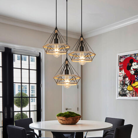 Pendant Light Ø25cm Diamond Shape, Industrial Metal Chandelier with Cage Lampshade, 3 Lights Spiral Hemp Rope Hanging Ceiling Lamp (Black)
