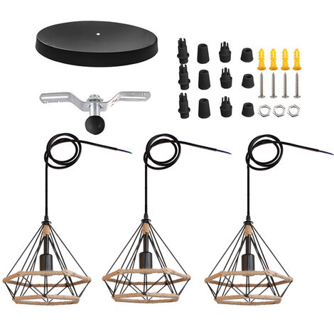 Pendant Light Ø25cm Diamond Shape, Industrial Metal Chandelier with Cage Lampshade, 3 Lights Spiral Hemp Rope Hanging Ceiling Lamp (Black)