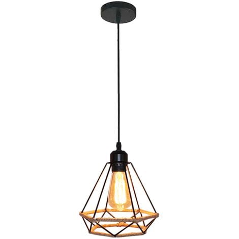 Pendant Lighting Fitting Vintage Black, Ø20cm Diamond Hanging Ceiling Lamp with Hemp Rope Industrial Metal Chandelier with Cage Lampshade (Black)